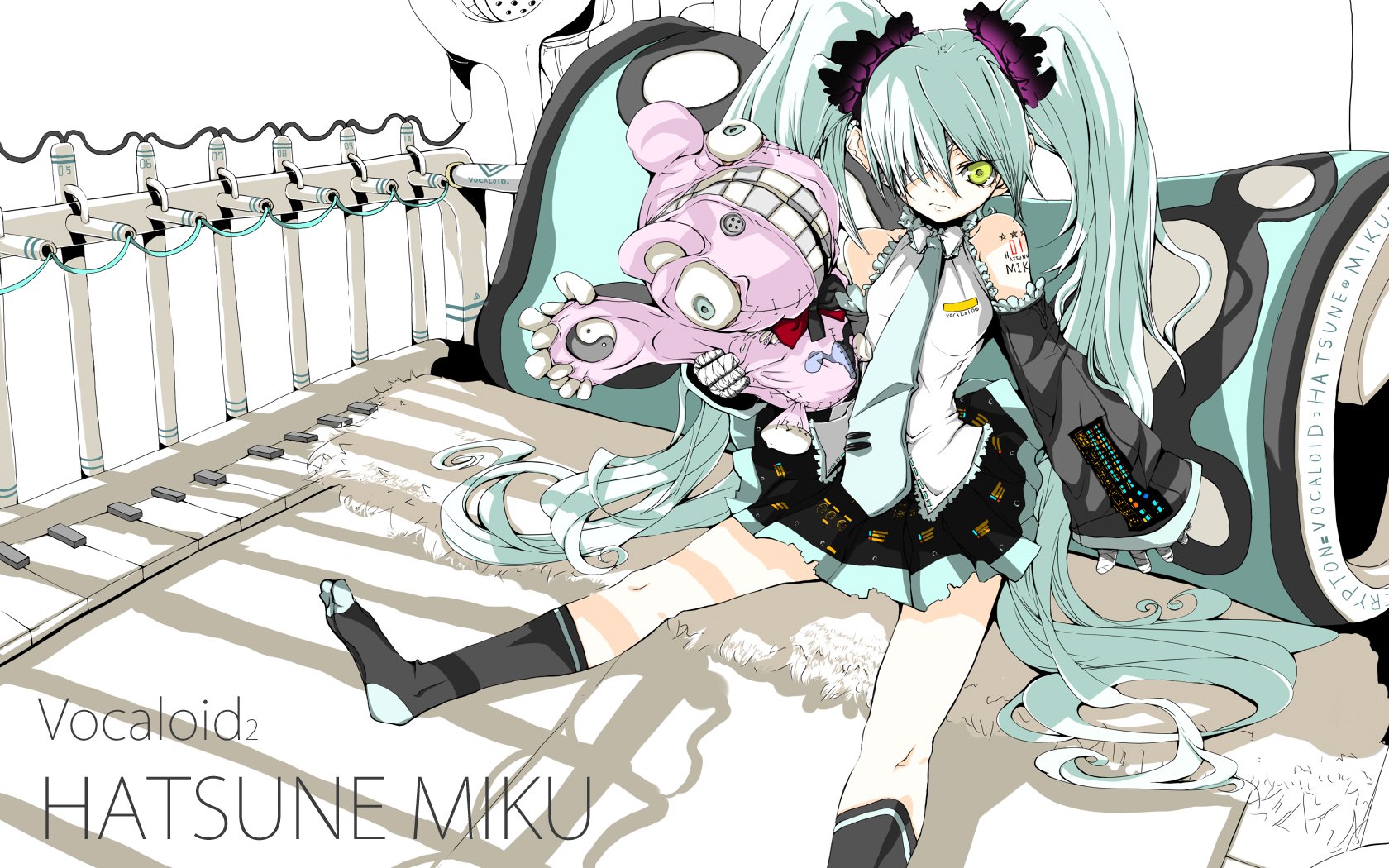 HD anime desktop wallpaper featuring Hatsune Miku from Vocaloid, sitting with a plush toy against a stylized, monochrome background.