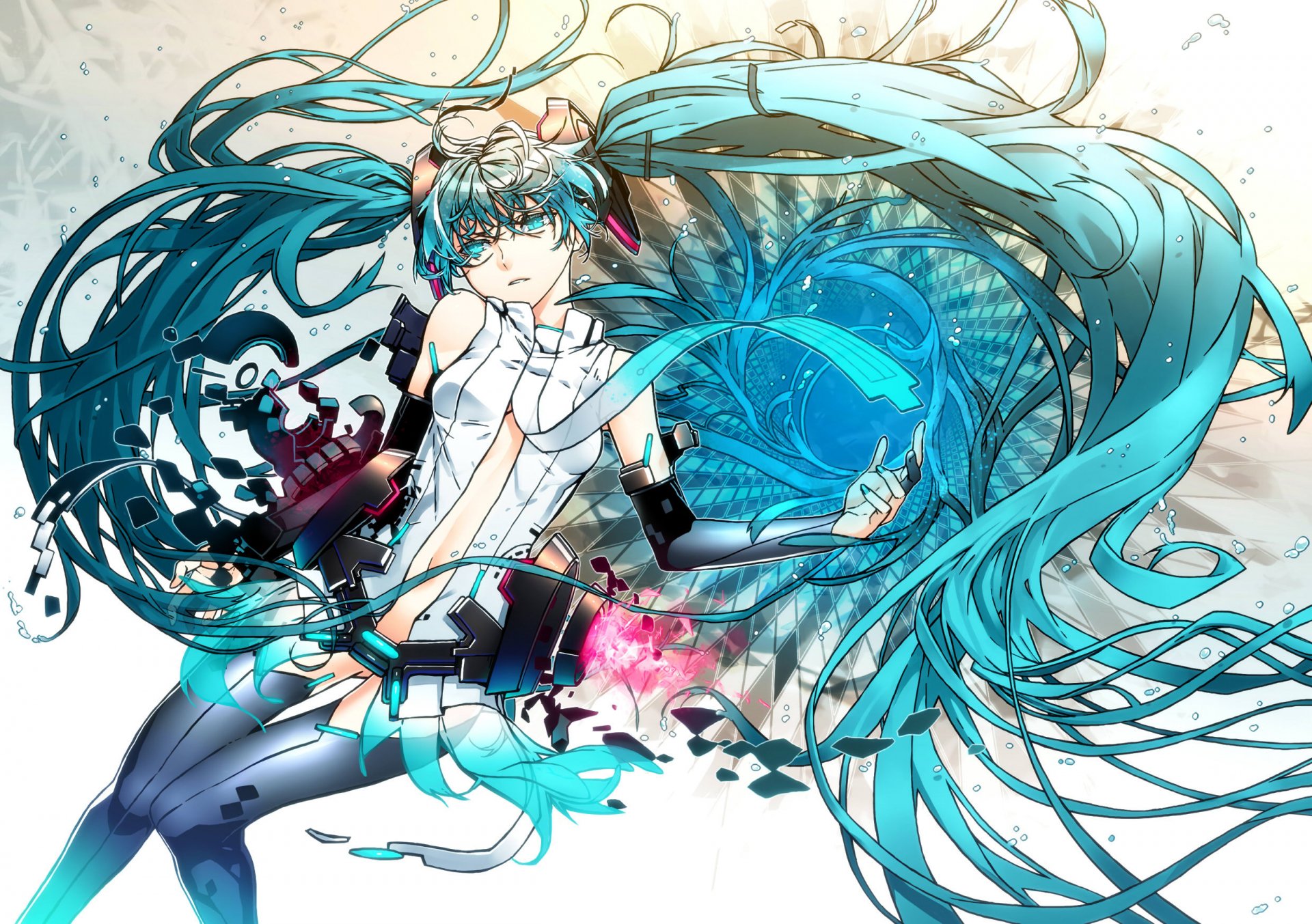 Hatsune Miku, the iconic Vocaloid, is featured in this stunning HD anime artwork, showcasing her vivid blue hair and dynamic pose against an imaginative backdrop.
