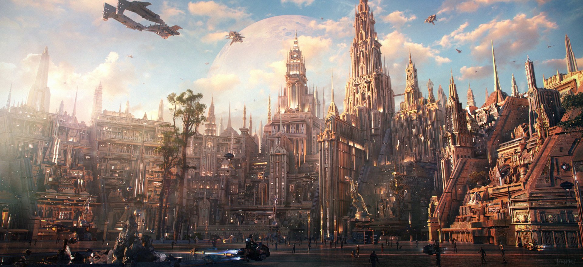 A high-definition sci-fi cityscape with towering futuristic buildings, flying vehicles, and a vibrant sky, designed as a PC desktop wallpaper and background.