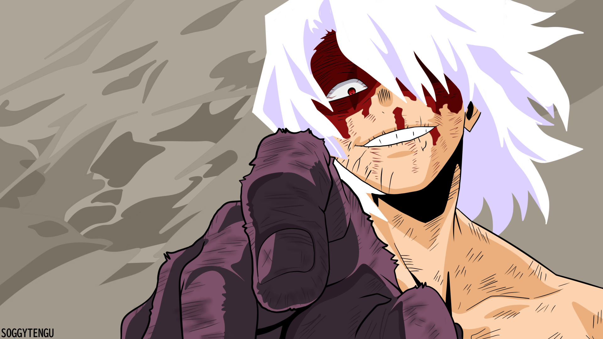 Tomura Shigaraki from My Hero Academia in intense close-up, rendered in vibrant 4K Ultra HD anime style for PC desktop wallpaper.
