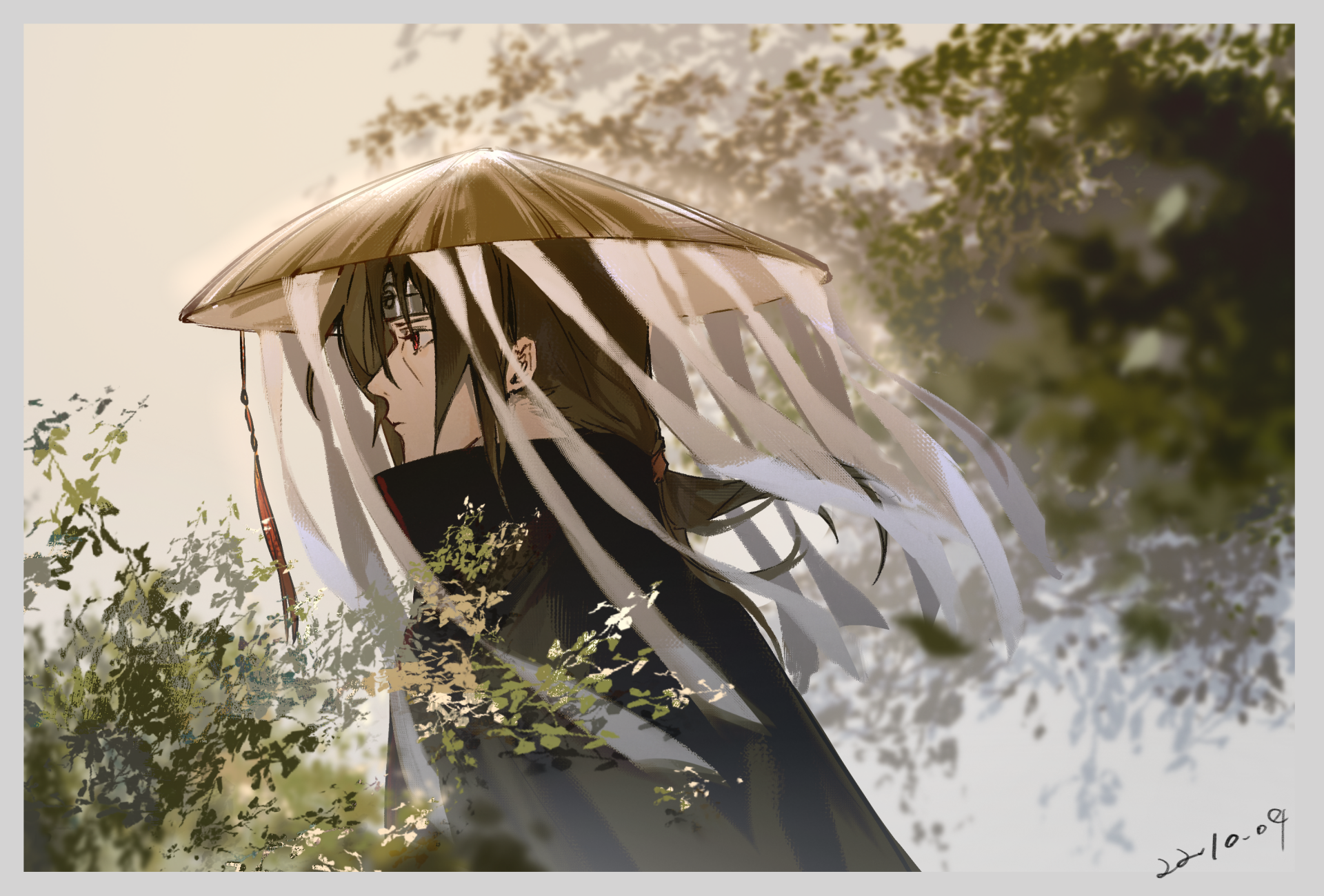 HD PC wallpaper featuring Itachi Uchiha from Naruto, depicted with long hair and a traditional straw hat surrounded by soft, natural foliage.