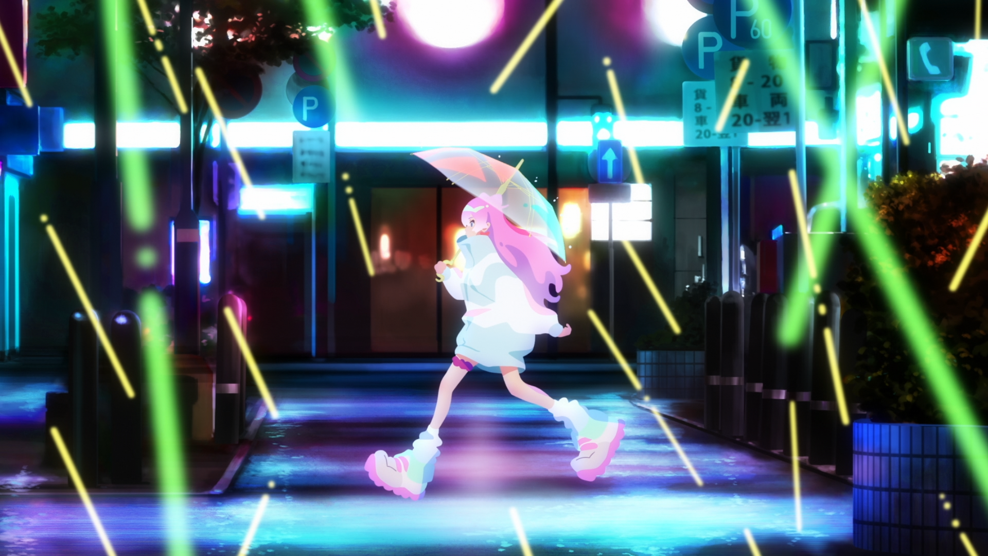 Anime-style HD PC desktop wallpaper featuring a vibrant neon-lit urban scene with a dynamic character, inspired by Akari Watanabe from More than a Married Couple but Not Lovers.
