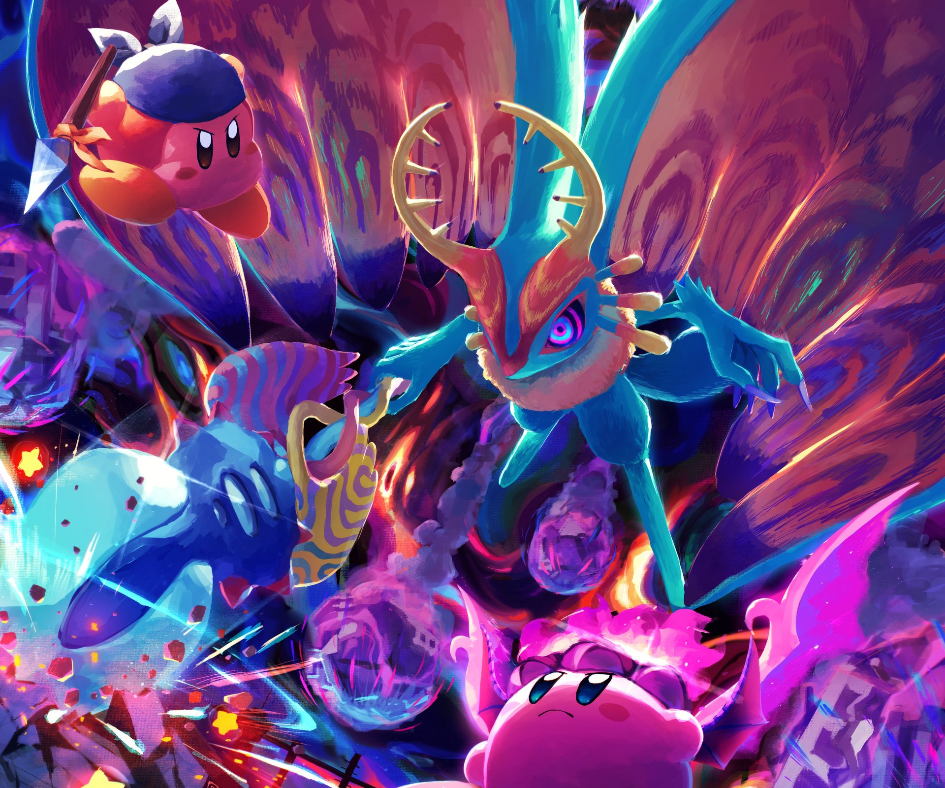 HD PC desktop wallpaper featuring vibrant, dynamic artwork of Kirby and other characters from the video game Kirby, set against a colorful, swirling cosmic background.
