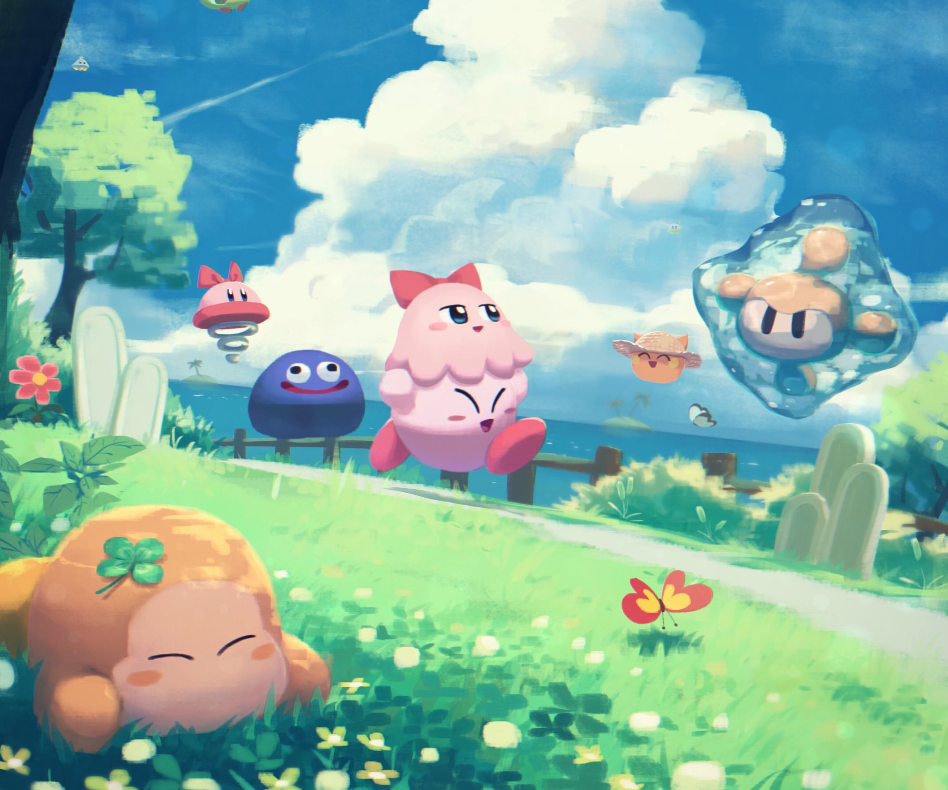 HD PC desktop wallpaper/background: video game scene with Kirby and friends walking across a sunny, flowered hillside beneath puffy clouds and a bright blue sky.