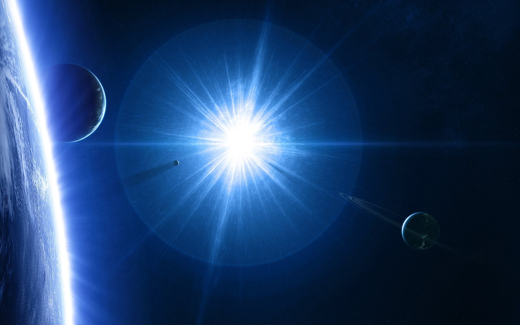 A vibrant sci-fi scene depicting planets against a deep space backdrop, illuminated by a bright starburst. This HD wallpaper captures the essence of cosmic exploration.