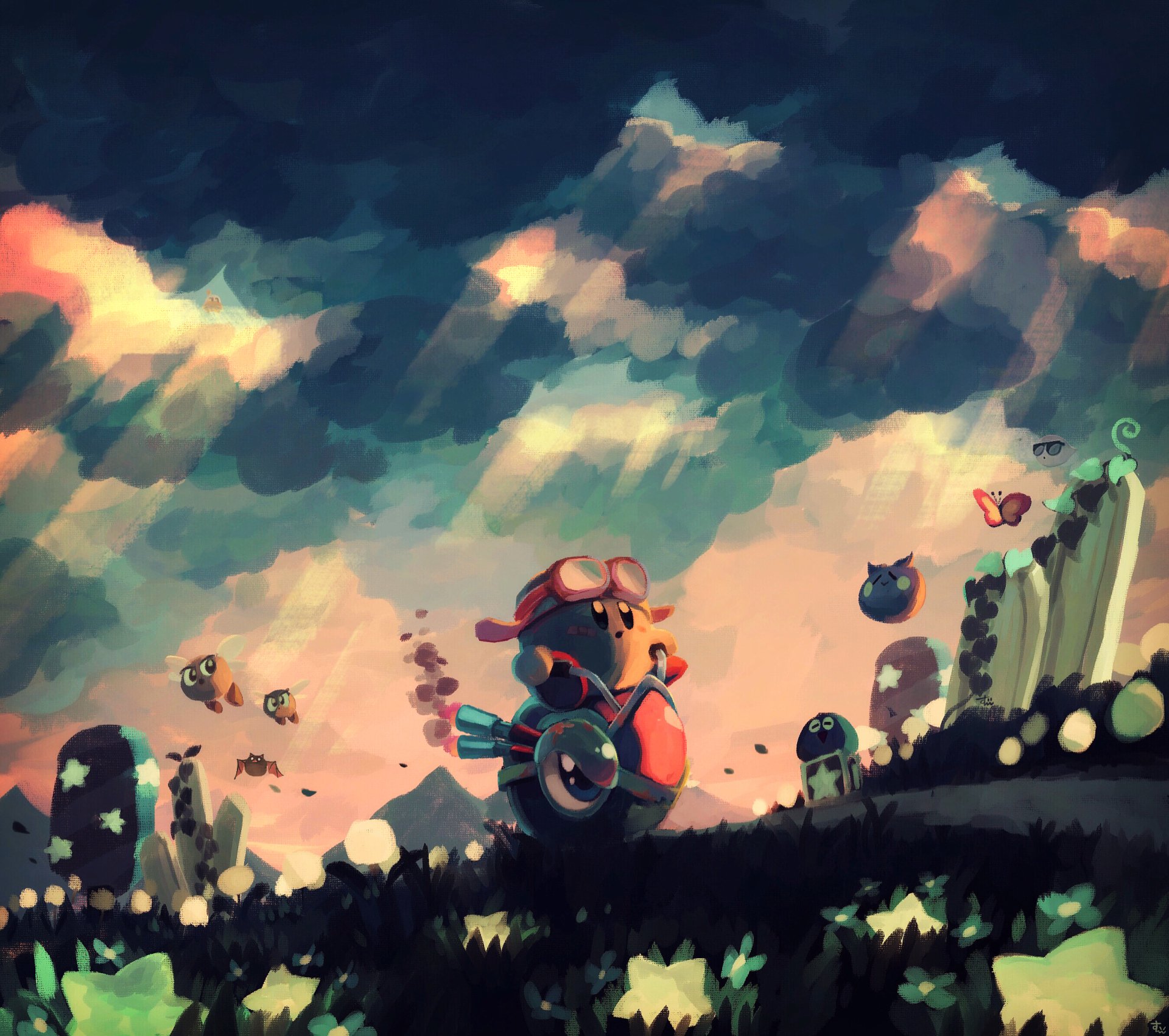 HD PC desktop wallpaper featuring Kirby in a colorful, stylized video game landscape with floating enemies and dramatic skies.