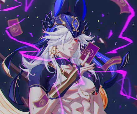 Cyno (Genshin Impact) portrait wielding a glowing tarot card amid purple lightning — 2K Quad HD PC desktop wallpaper background, video game Genshin Impact art.