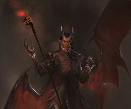 HD PC desktop wallpaper/background — Baldur's Gate 3 video game art of a horned, winged demon with glowing red eyes and a staff, shrouded in smoky darkness.