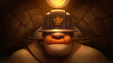 Video game Clash Royale HD PC wallpaper: burly mustached miner in a crown-emblazoned helmet, bathed in warm light against a rugged stone wall background.