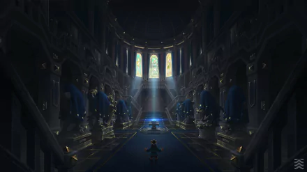 Clash Royale HD PC desktop wallpaper: a dim, majestic castle hall with stained-glass windows and beams of light, rows of armored statues along the aisles and a lone small figure centered.