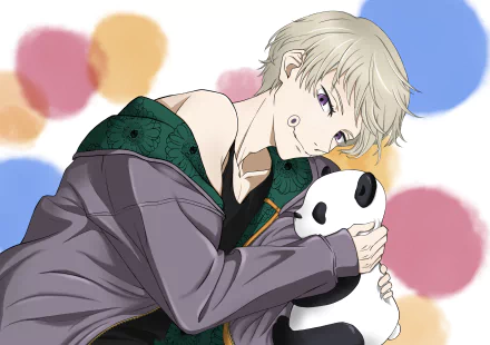 Toge Inumaki (Jujutsu Kaisen) anime portrait hugging a panda plush against soft pastel circle background — 2K Quad HD PC desktop wallpaper.