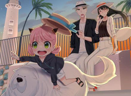 Anime Spy x Family 2K Quad HD PC desktop wallpaper: Anya Forger gleefully rides Bond the white dog as Loid and Yor Forger relax on a sunlit terrace.