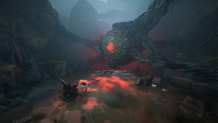 HD Shatterline game wallpaper featuring a mysterious red crystal formation in a dystopian landscape for desktop background.