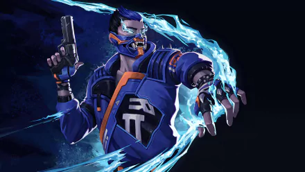 Yoru from Valorant in dynamic pose with glowing blue energy, featured in a detailed 4K Ultra HD PC desktop wallpaper background from the video game Valorant.