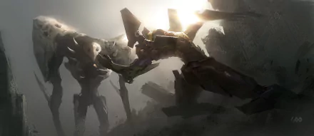 A dramatic 4K Ultra HD anime wallpaper featuring Evangelion Unit-01 facing off against Sachiel from Neon Genesis Evangelion in a dark, atmospheric battle scene.