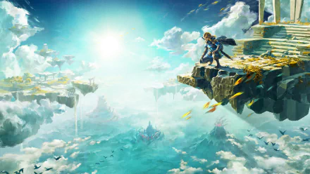HD PC desktop wallpaper featuring Link from the video game The Legend of Zelda: Tears of the Kingdom standing on a floating cliff above a bright, cloud-filled sky.