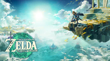 HD desktop wallpaper featuring Link from the video game The Legend of Zelda: Tears of the Kingdom standing on a cliff, overlooking a vast, mystical landscape.