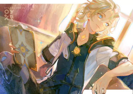 HD PC desktop wallpaper of Albedo from the video game Genshin Impact: blond alchemist bathed in warm sunlight, holding a glowing book against a soft, painterly background.