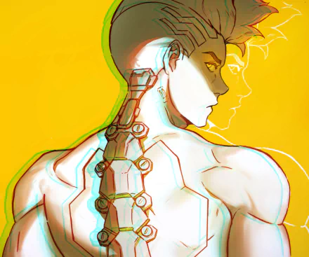 HD PC desktop wallpaper featuring David from Cyberpunk: Edgerunners in an anime-style artwork with vibrant yellow background and cybernetic enhancements.