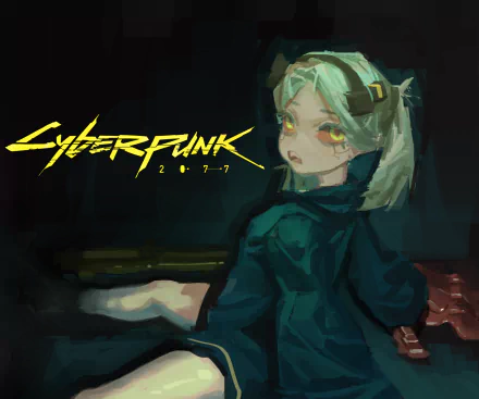 Anime HD PC wallpaper featuring Rebecca (Cyberpunk: Edgerunners): mint-green hair, yellow eyes, teal jacket, neon Cyberpunk 2077 logo.