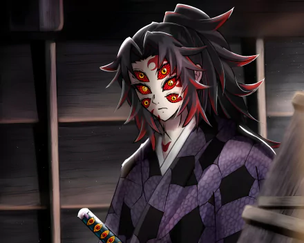 HD PC desktop wallpaper featuring Kokushibo from the anime Demon Slayer: Kimetsu no Yaiba, showcasing his distinctive multiple red eyes and dark attire.