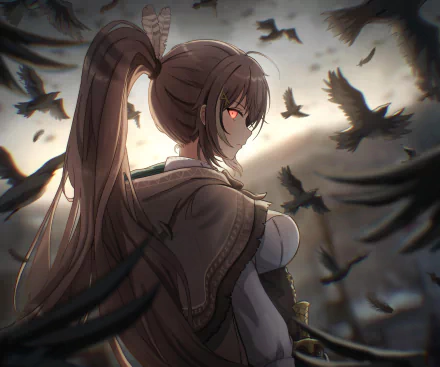 4K Ultra HD anime wallpaper featuring Nanashi Mumei, a Virtual YouTuber from hololive, surrounded by dark crows against a moody sky backdrop.