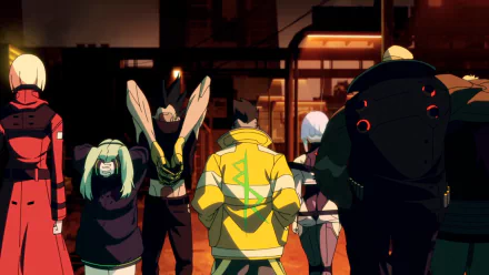 HD PC desktop wallpaper featuring Dorio, Rebecca, Lucy, and David from the anime Cyberpunk: Edgerunners in a dark, futuristic urban setting.