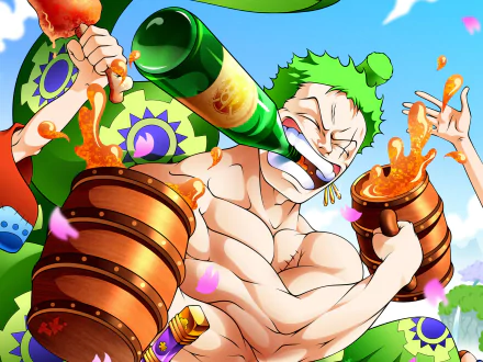 HD PC desktop wallpaper featuring Roronoa Zoro from the anime One Piece, holding large barrels with orange liquid spilling out against a bright blue sky.