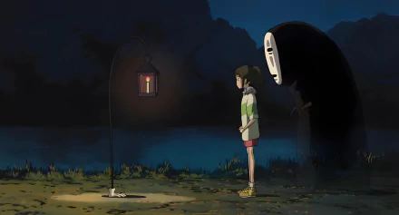 4K Ultra HD desktop wallpaper featuring a scene from Studio Ghibli's anime movie Spirited Away, showcasing detailed animation and modeling in a night setting.