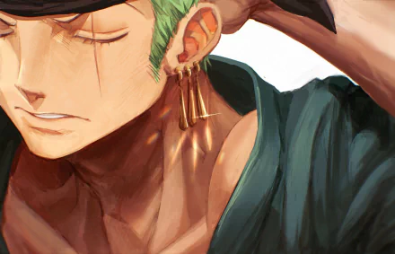 Close-up HD anime illustration of Roronoa Zoro from One Piece, featuring his distinct green hair and multiple gold earrings, designed as a PC desktop wallpaper.