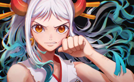 HD anime desktop wallpaper featuring Yamato from One Piece with determined expression and dynamic flowing hair against a dark background.