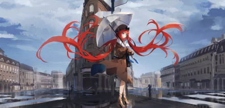 Nilou from Genshin Impact stands with a white umbrella on a city bridge, her long red hair flowing in the wind, captured in a 4K Ultra HD PC desktop wallpaper.