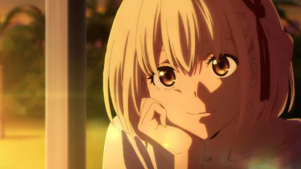 HD anime desktop wallpaper featuring Chisato Nishikigi from Lycoris Recoil, bathed in warm, golden light with a thoughtful expression.