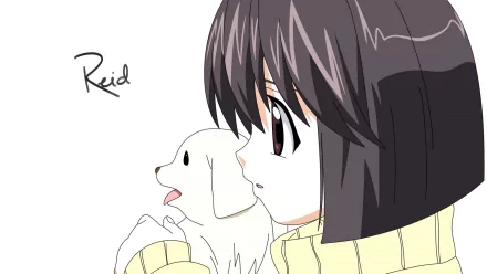 HD anime desktop wallpaper featuring Mayu and Wanta from Elfen Lied, showcasing a close-up of Mayu holding her small white dog against a plain background.