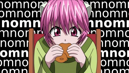 HD PC desktop wallpaper featuring Nana from the anime Elfen Lied, showing her with pink hair and cat ears eating a snack against a black background with repeating white text.