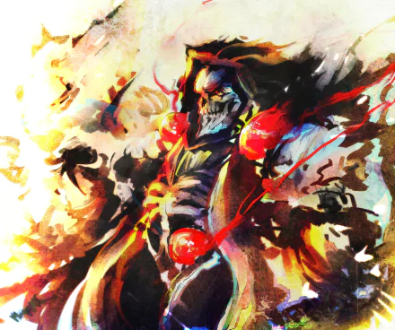 HD PC desktop wallpaper featuring Ainz Ooal Gown from the anime Overlord, depicted with fiery and dark, dynamic brushstrokes.