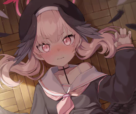 Shimoe Koharu from the video game Blue Archive — blushing pink-haired girl with feathered ears in a sailor uniform, reclining on a wooden floor. HD PC desktop wallpaper/background.