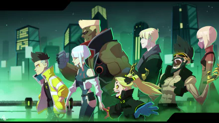 HD PC desktop wallpaper featuring vibrant characters from the anime Cyberpunk: Edgerunners set against a neon-lit futuristic cityscape.