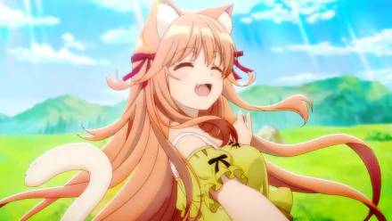 HD PC desktop wallpaper of Kanade from Beast Tamer: cheerful anime cat-eared girl in a green dress, long flowing hair and tail, laughing in a bright sunlit meadow.