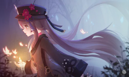 Hu Tao from the video game Genshin Impact stands in a misty forest at night, cradling glowing butterflies — 4K Ultra HD PC desktop wallpaper.
