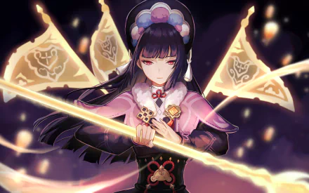 HD PC desktop wallpaper featuring Yun Jin from the video game Genshin Impact, showcasing her poised with glowing martial arts weapons and intricate attire.