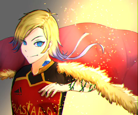 Anime Blue Lock 4K Ultra HD PC desktop wallpaper/background: blond, blue-eyed soccer player in a red fur-trimmed cape, poised confidently amid glowing particles and dynamic lighting.
