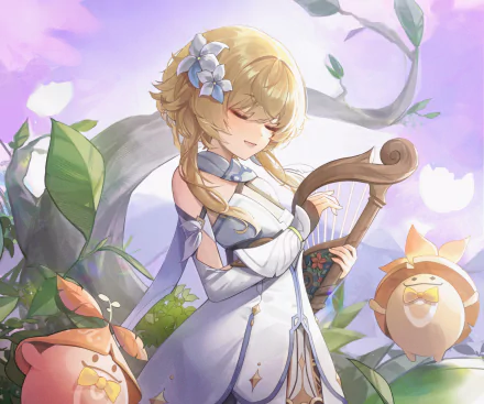 HD PC wallpaper featuring Lumine from Genshin Impact playing a lyre, surrounded by vibrant Aranara creatures and lush, colorful foliage.