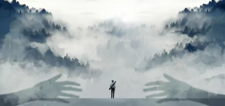 HD PC desktop wallpaper featuring Yuta Okkotsu from the anime Jujutsu Kaisen 0, standing amidst misty, forested mountains with large translucent hands reaching forward.