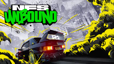 HD PC desktop wallpaper featuring a dynamic car drifting scene from the video game Need for Speed Unbound with vibrant graffiti-style graphics and cityscape background.