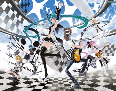 HD PC desktop wallpaper featuring Vocaloid characters Hatsune Miku, Kaito, Rin and Len Kagamine, and Luka Megurine performing as a band in a dynamic anime-style scene.