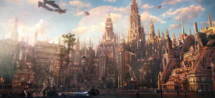 A high-definition sci-fi cityscape with towering futuristic buildings, flying vehicles, and a vibrant sky, designed as a PC desktop wallpaper and background.