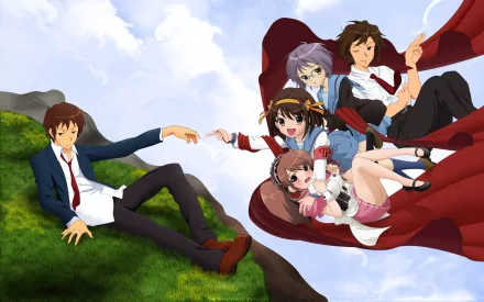 Anime-style HD desktop wallpaper inspired by The Creation of Adam, featuring Itsuki Koizumi, Yuki Nagato, Haruhi Suzumiya, Mikuru Asahina, and Kyon from The Melancholy of Haruhi Suzumiya.