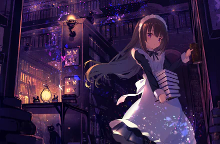 Anime girl dressed as a maid in a dark, glowing library setting, rendered in stunning 8K Ultra HD for a PC desktop wallpaper and background.