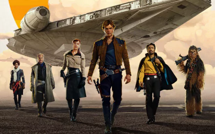 4K Ultra HD PC desktop wallpaper featuring the main characters and the Millennium Falcon from the movie Solo: A Star Wars Story.